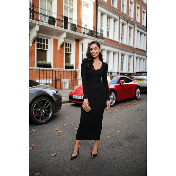Everyone Loves The Weekend Black Ribber Long Sleeve Midi Dress Size Small - Picture 1 of 8
